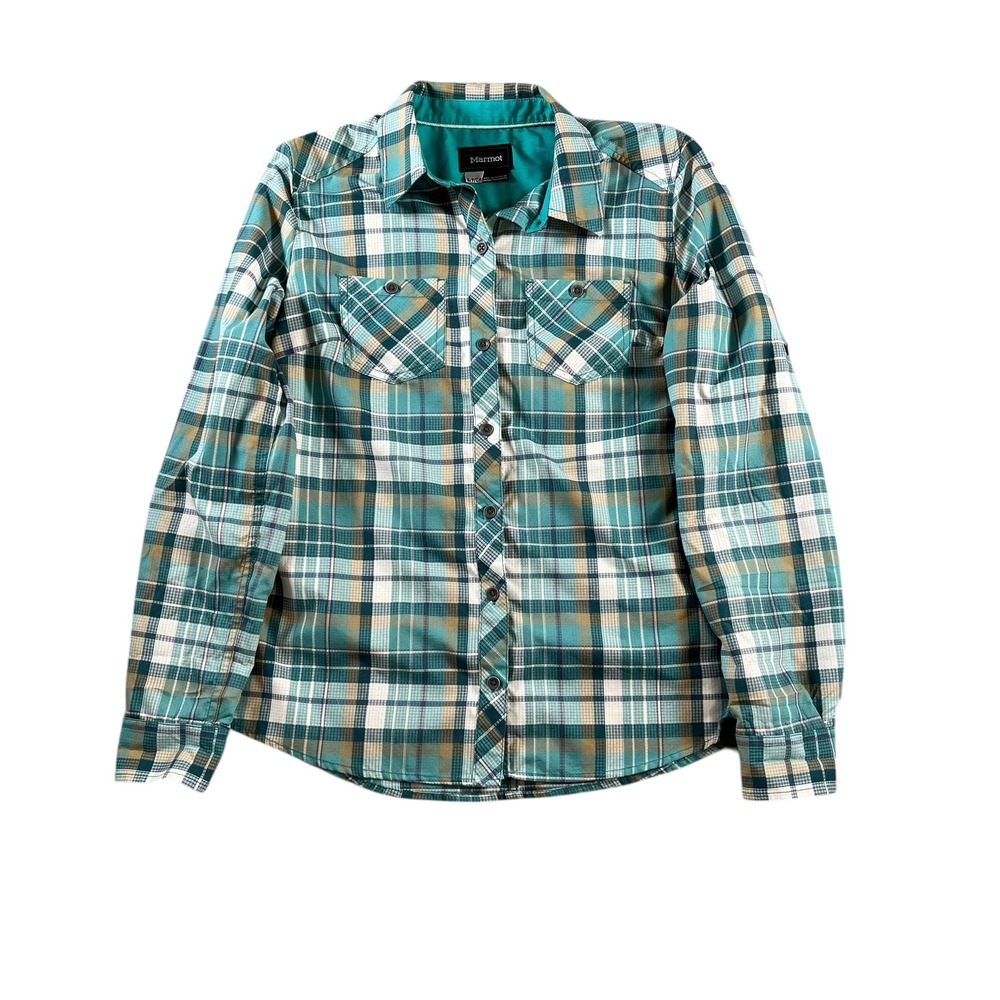 Marmot Small Plaid Button Up Hiking‎ Shirt Teal Green Long Sleeve Roll Sleeves